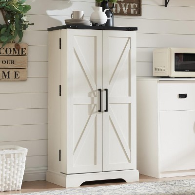 SinCiDo Farmhouse Kitchen Pantry with Barn Doors and Adjustable Shelves, 47″ Storage Cabinet, Rustic Wood Cupboard for Kitchen