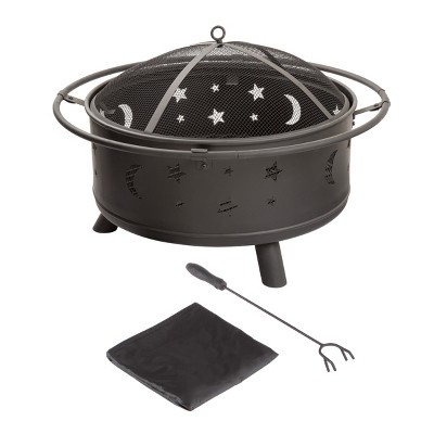 32-Inch Black Steel Wood Burning Fire Pit with Star and Moon Cutouts