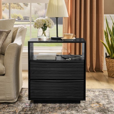 Mid Century Modern Nightstand with USB Ports, Charging Station, Louver Drawer Design and Open Shelf for Bedroom or Living Room-Maison Boucle
