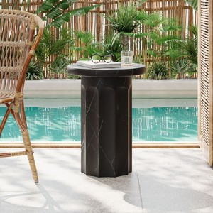 Okak Outdoor Side Table with Lightweight Concrete Frame, Round End Table with Marble Effect, Outdoor Coffee Table for Backyard, Black Marble - 1 of 4