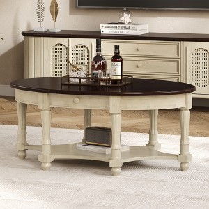 KTMBDW Coffee Table in 45", Vintage Oval Coffee Tables for Living Room, Wooden Dining Center Tables with Storage Shelf and Drawer - 1 of 4
