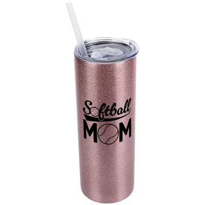 Elanze Designs Bubblegum Pink 20 Ounce Double Wall Stainless Steel Glitter Travel Tumbler With Sliding Lid And Straw, Softball Mom