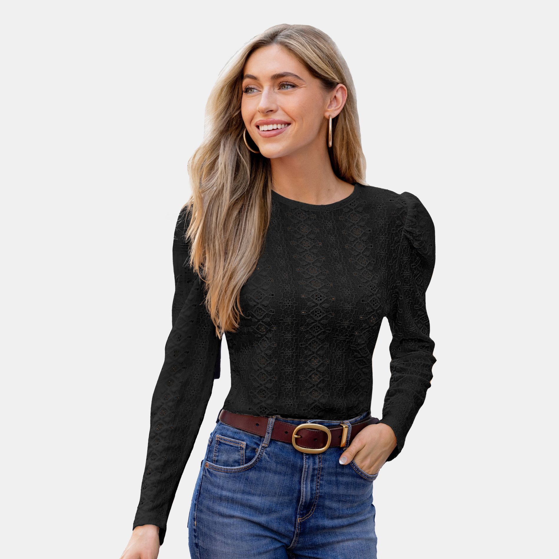 Women's Black Lace Knit Top with Keyhole Back Detail - Cupshe-M-Black