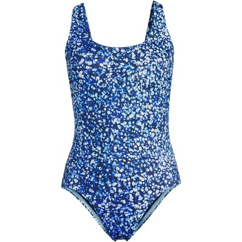 Lands' End Women's Chlorine Resistant Scoop Neck X-back High Leg Soft Cup  Tugless Sporty One Piece Swimsuit - 14 - Navy/turquoise Mosaic Dot : Target