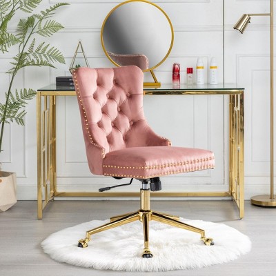 INFURNIC Task and Office Chairs Velvet Upholstered Tufted Button Swivel Chair with Golden Base for Home Office, Pink, 25.5"*19.7"*37.4"