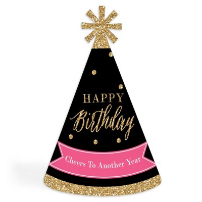 Big Dot of Happiness Chic Happy Birthday - Pink, Black and Gold - Cone Happy Birthday Party Hats for Kids and Adults - Set of 8 (Standard Size)