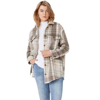 Ellos Women's Plus Size Plaid Wool-Blend Shirt Jacket Long Oversized Fuzzy Flannel Shacket