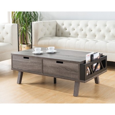 Antique Wooden Coffee Table with Two Storage Drawers and Side Compartment, Ideal for Living Room