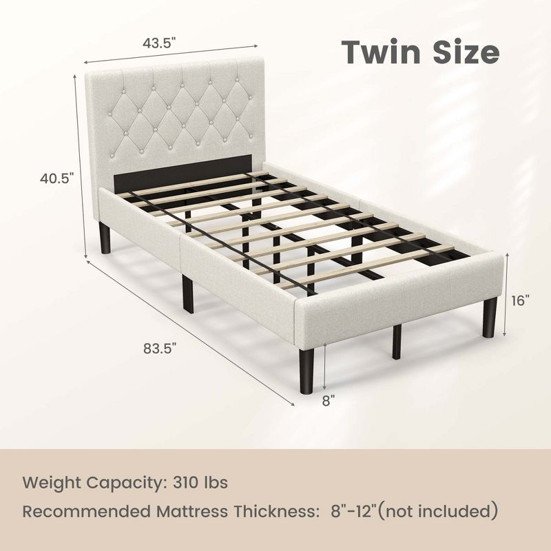 Costway Upholstered Platform Bed Twin Size Button Tufted Headboard Wooden Slats Support, 3 of 9