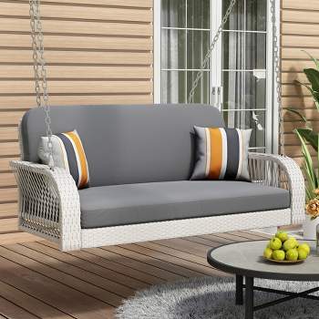 2-Seater Patio PE Wicker Porch Swing, Hanging Bench With Chains For Backyard/Garden/Poolside 4A - ModernLuxe