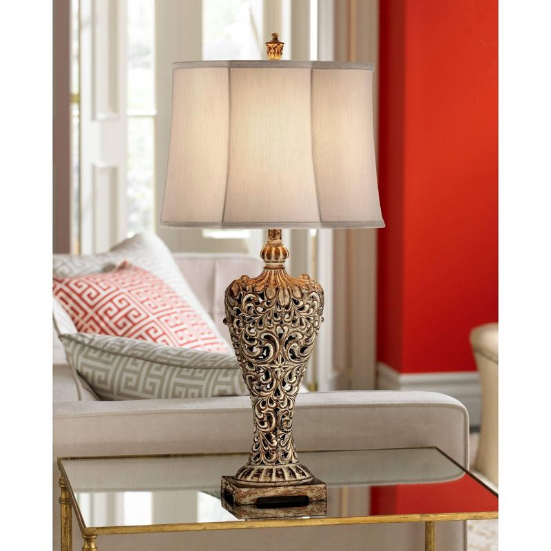 Barnes and Ivy Elle Traditional Table Lamp 33" Tall Antique Gold Florentine Off White Oval Shade for Bedroom Living Room Bedside Nightstand Office, 2 of 10