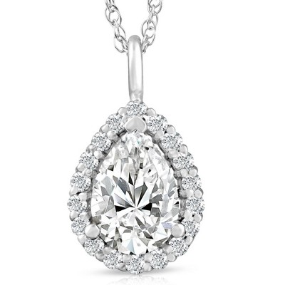 Pompeii3 2 1/6 Pear Shape Moissanite & Lab Created Diamond Halo Pendant 14k Gold Necklace