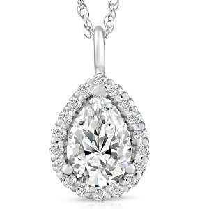 Pompeii3 2 1/6 Pear Shape Moissanite & Lab Created Diamond Halo Pendant 14k Gold Necklace - 1 of 4