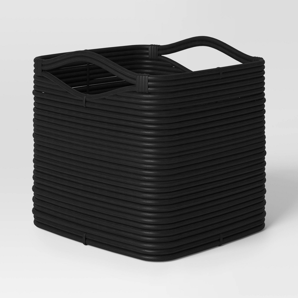 Rattan Cube Curve Handle Decorative Basket Black - Threshold™: Woven Storage, Side Handles, Square Shape