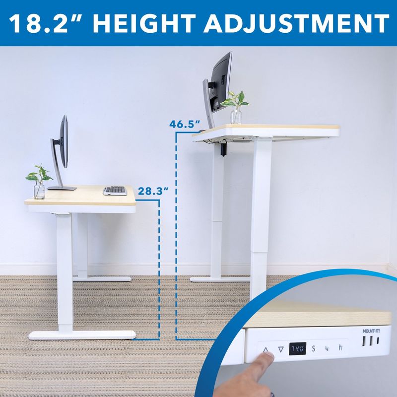 Mount-It! Compact Electric Height Adjustable Desk, Automatic Standing Desk with Ergonomic Height Adjustment from 28.3" to 46.5", USB Ports and Drawer, 4 of 11