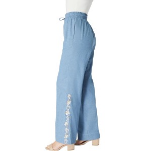 Roaman's Women's Plus Size Embroidered Pull-On Wide-Leg Chambray Pant - 1 of 4