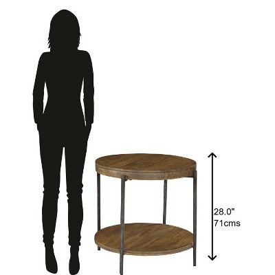 Transitional Brown Wood and Metal Round Side Table with Storage