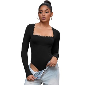 INSPIRE CHIC Women's Lace Square Neck Long Sleeve Tummy Control Body Shapers - 1 of 4