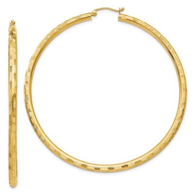 Black Bow Jewelry 3mm x 65mm 14k Yellow Gold Textured Round Hoop Earrings