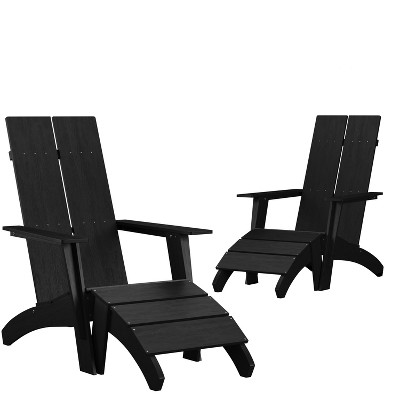 Emma and Oliver Set of 2 Indoor Outdoor 2 Slat Adirondack Style Chairs Footrests in Black