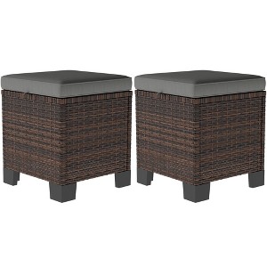 2 Piece Wicker Outdoor Ottomans with Cushions, Rattan Ottoman Footrest and Side Table for Patio, Poolside - 1 of 4