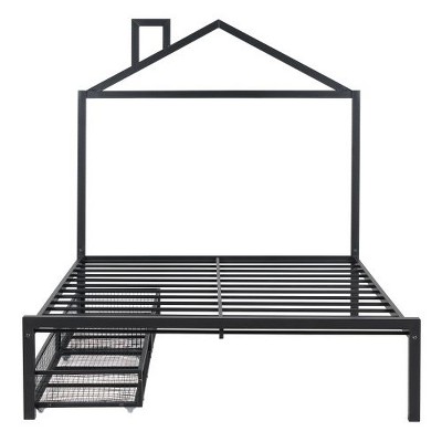 Full-Size Metal Platform Bed featuring Dual Drawers and Architectural House Headboard