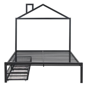 Full-Size Metal Platform Bed featuring Dual Drawers and Architectural House Headboard - 1 of 4