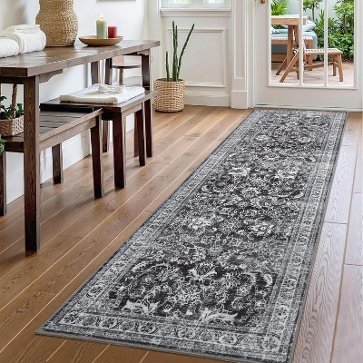 Washable Vintage Floral Rug - Low Pile Non-Slip Indoor Carpet for Living Room, Bedroom, Dining Room