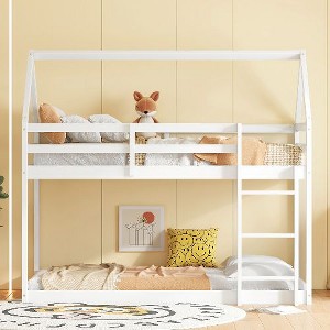 Kumasinova Twin-Over-Twin Rubber Wood Floor Bed Bunk Bed, House-Shaped Roof Design Twin Size Bed Frame with Ladder & Guardrails for Kids' Bedrooms - 1 of 4