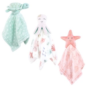 Hudson Baby Girls Animal Face Security Blanket, Pastel Sea 3-Pack, One Size - 1 of 4