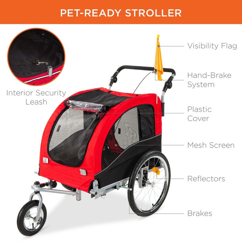 Best Choice Products 2-in-1 Dog Bike Trailer, Pet Stroller Bicycle Carrier w/ Hitch, Brakes, Visibility Flag, Reflector, 5 of 9