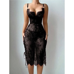 Clotth Women's Lace Teddy Bodysuit - Sheer Cute Babydoll with Underpants, Strappy Lingerie Dress with Underwire - 1 of 4