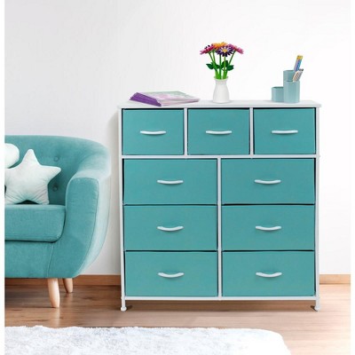 Aqua 9-Drawer Steel Frame Nursery Dresser with Fabric Bins