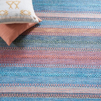 Handwoven Blue and Orange Wool Cotton Area Rug 3x5