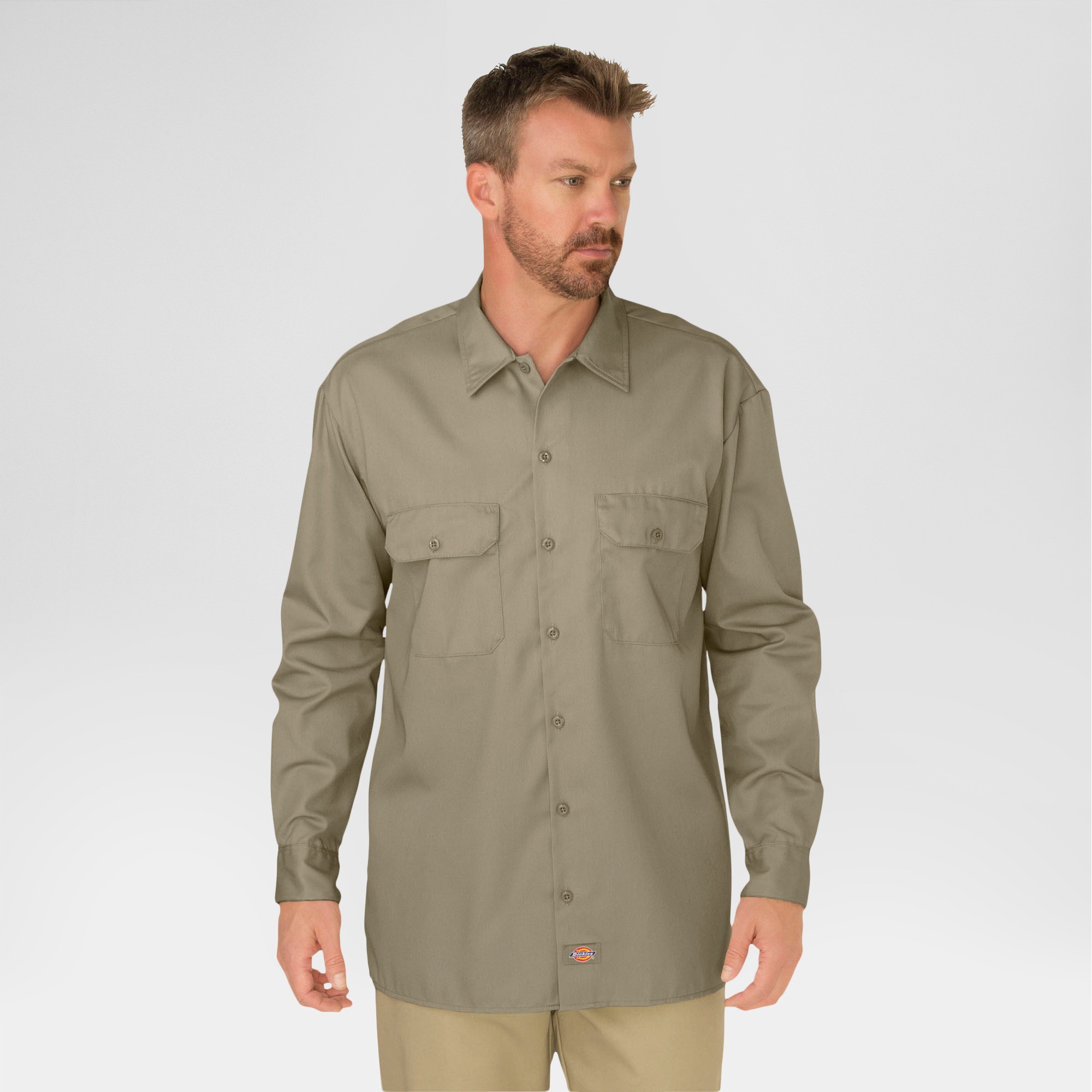 Dickies Men's Original Fit Twill Long Sleeve Shirt-Khaki M, Size: Medium, Green