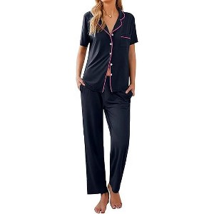 Ekouaer Women Pajamas Set Button Down Sleepwear Short Sleeve Nightwear with Long Pants Soft Pjs Set - 1 of 4