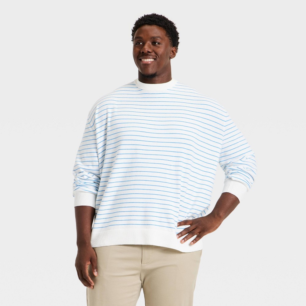 Men's Big & Tall Soft Knit Crewneck Sweater - Goodfellow & Co™ White/Blue Striped 3XL