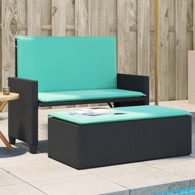 vidaXL Patio Bench with Cushions and Footstool Black Poly Rattan
