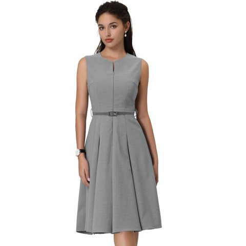 Женские платья INSPIRE CHIC Women's Round Neck Sleeveless Zip Front Belted Fit Flare Work Dresses Gray Medium