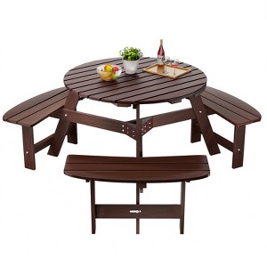 6-Person Wooden Picnic Benches, Outdoor Round Table with Umbrella Hold Design for Patio - 1 of 4