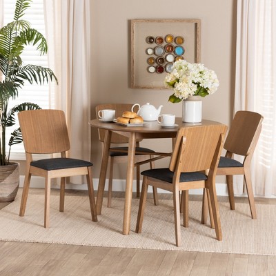 Baxton Studio Denmark Mid-Century Modern Dark Grey Fabric and French Oak Brown Finished Rubberwood 5-Piece Dining Set