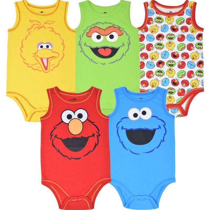 Sesame Street Elmo Cookie Monster Oscar the Grouch Big Bird Baby Boys 5 Pack Bodysuit , 1 of 7