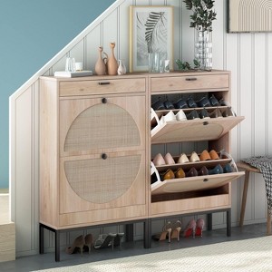 Natural Rattan Shoe Cabinet with 4 Flip Doors and 1 Drawer, Freestanding Shoe Rack Storage Cabinet for Slippers, Sneakers, Heels | Holds 24 Pairs - 1 of 4