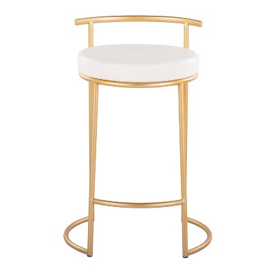 Set of 2 White Leather and Gold Metal Counter Stools