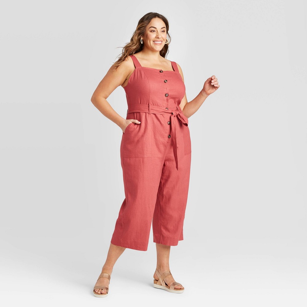 Women's Plus Size Sleeveless Square Neck Button-Front Linen Jumpsuit - Ava & Viv Rust 4X, Women's, Size: 4XL, Red was $34.99 now $24.49 (30.0% off)