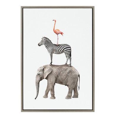 Gray Framed Canvas Print of Stacked Safari Animals for Kids