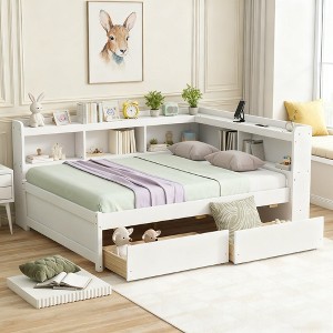 Luxystar Full Size L-shaped Bookcases Bed with Power Outlets, USB Charging Ports and 2 Drawers - 1 of 4