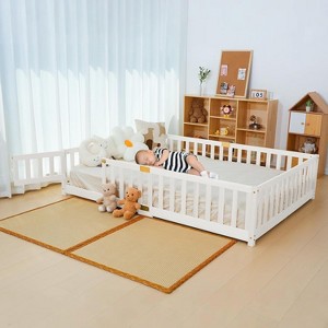 DoCred Toddler Floor Bed for Kids, Wood Floor Bed w/Slats & Fence for Girls and Boys, Montessori Bed Frame - 1 of 4