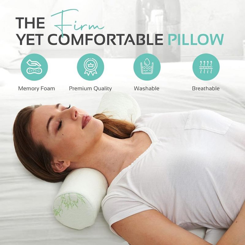 Allsett Health 2 Pack Cervical Neck Memory Foam Pillow, Bolster Pillow, Neck Pillow Support for Sleeping | Bolster Pillow for Bed, Legs, Back- White, 2 of 8