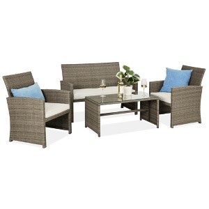 Best Choice Products 4-Piece Outdoor Wicker Patio Conversation Furniture Set w/ Table, Cushions - 1 of 4